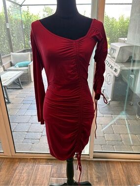 Ruched Long-Sleeve Deep Red Bodycon Dress sz Small